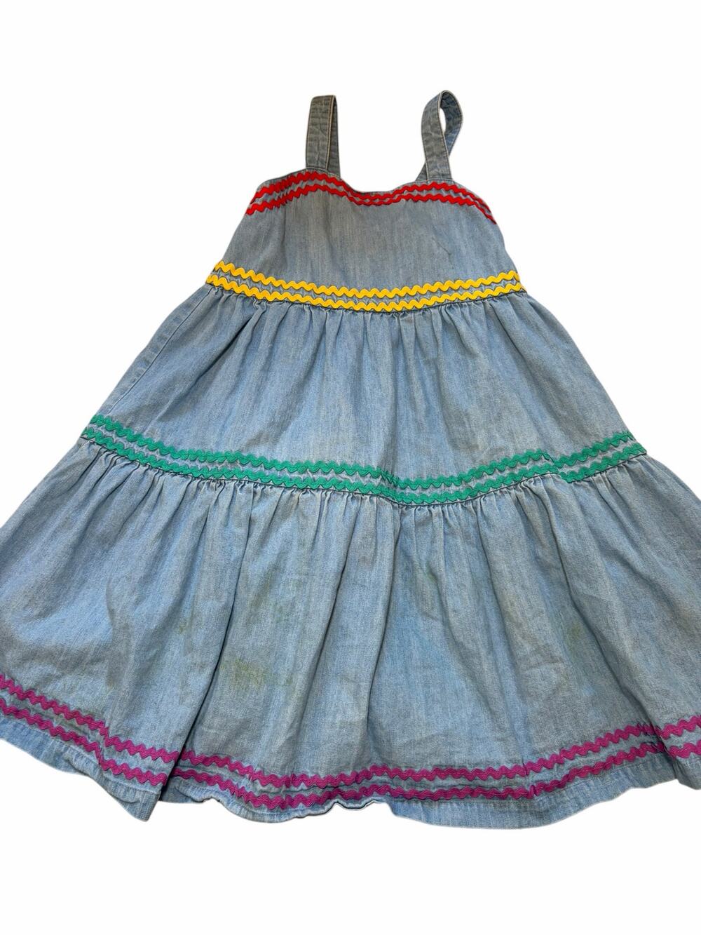 Hanna Andersson Chambray Dress Girls Size 5 Rickrack Trim Tiered Sundress
